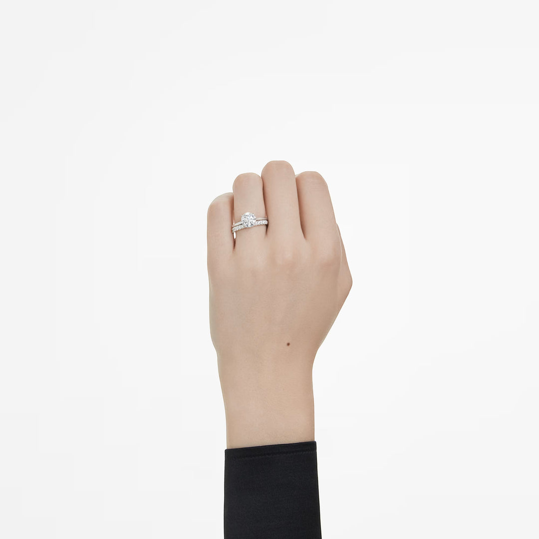 Niche Jewellery Swarovski eternity band with 0.43ct round lab-grown diamonds on a sterling silver ring worn on hand