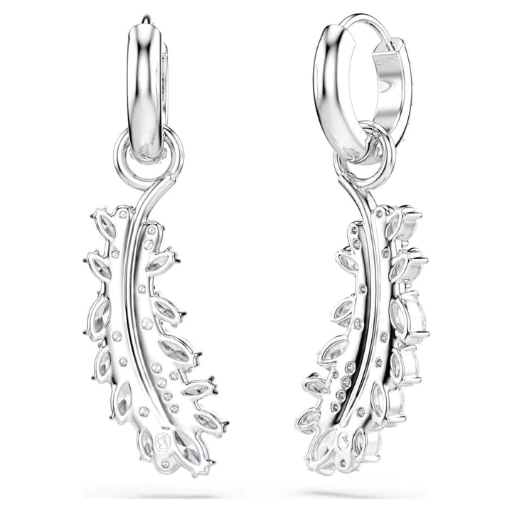 Niche Jewellery Swarovski Vienna feather earrings in rhodium plating with white mixed-cut crystals on hoop drops.