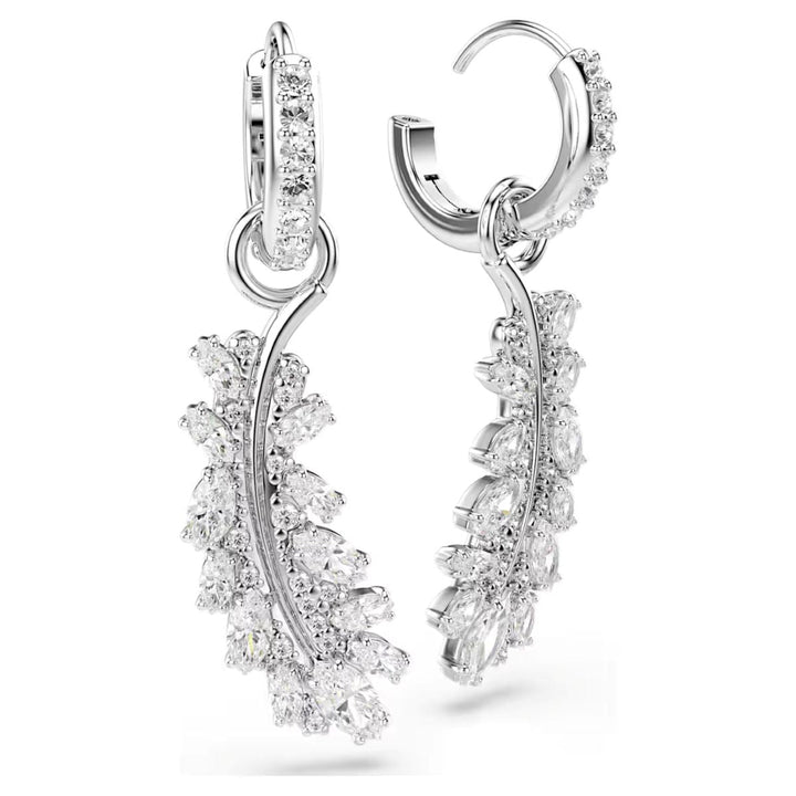 Niche Jewellery Swarovski Vienna feather earrings in rhodium plating with white mixed-cut crystals on hoop backs.