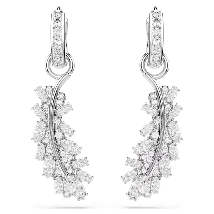 Niche Jewellery Swarovski Vienna feather earrings featuring white crystals and rhodium plating in mixed cuts.