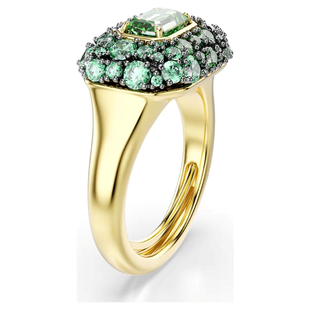 Niche Jewellery Swarovski Sublima cocktail ring with a green octagon crystal and 18K gold finish band.