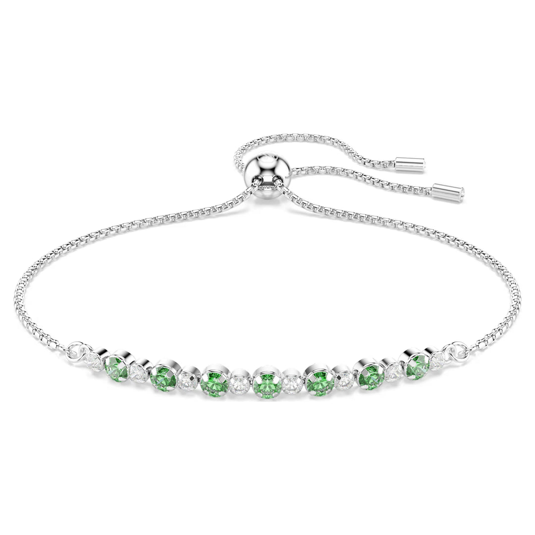 Niche Jewellery Swarovski Matrix slider bracelet with round-cut green and white crystals on rhodium-plated chain.