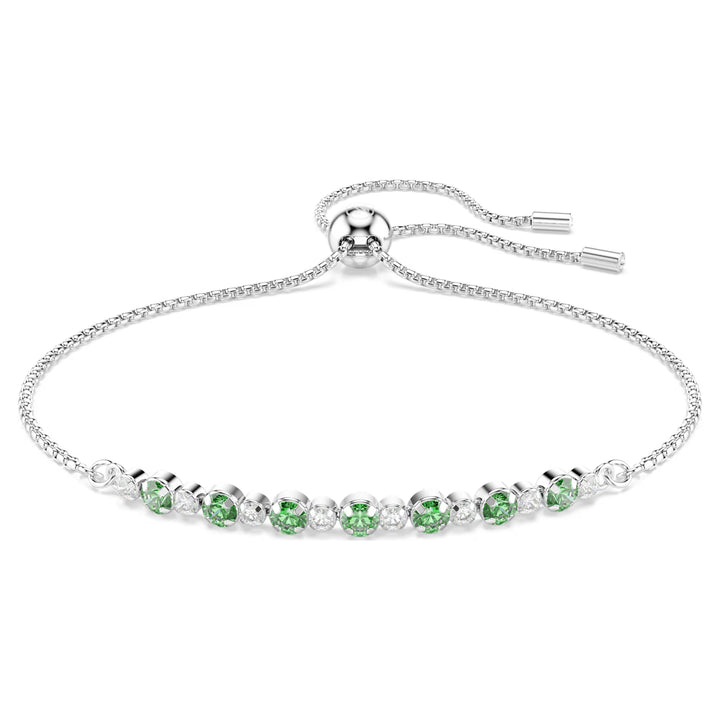 Niche Jewellery Swarovski Matrix slider bracelet with round-cut green and white crystals on rhodium-plated chain.