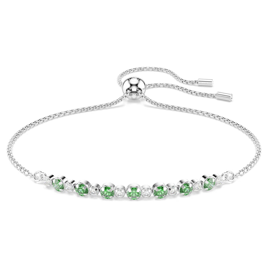 Niche Jewellery Swarovski Matrix slider bracelet with round-cut green and white crystals on rhodium-plated chain.