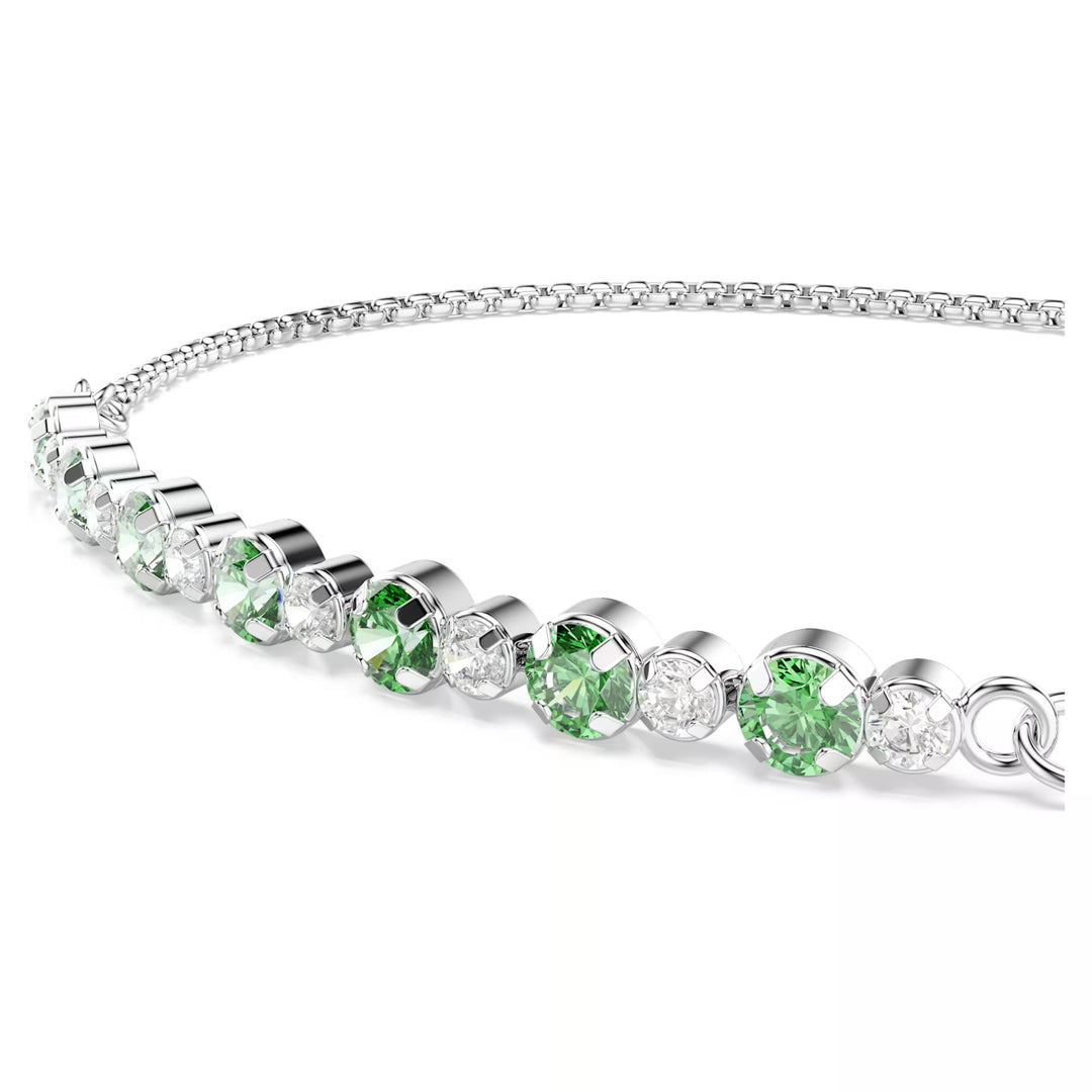 Niche Jewellery Swarovski Matrix slider bracelet featuring round-cut green and white crystals on rhodium-plated chain