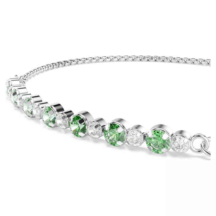 Niche Jewellery Swarovski Matrix slider bracelet featuring round-cut green and white crystals on rhodium-plated chain