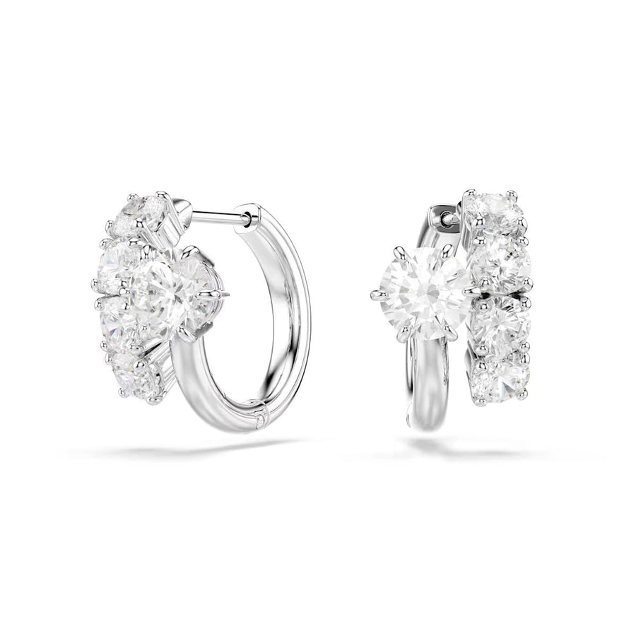 Niche Jewellery Swarovski Matrix hoop earrings featuring round-cut white crystals set in rhodium-plated metal.