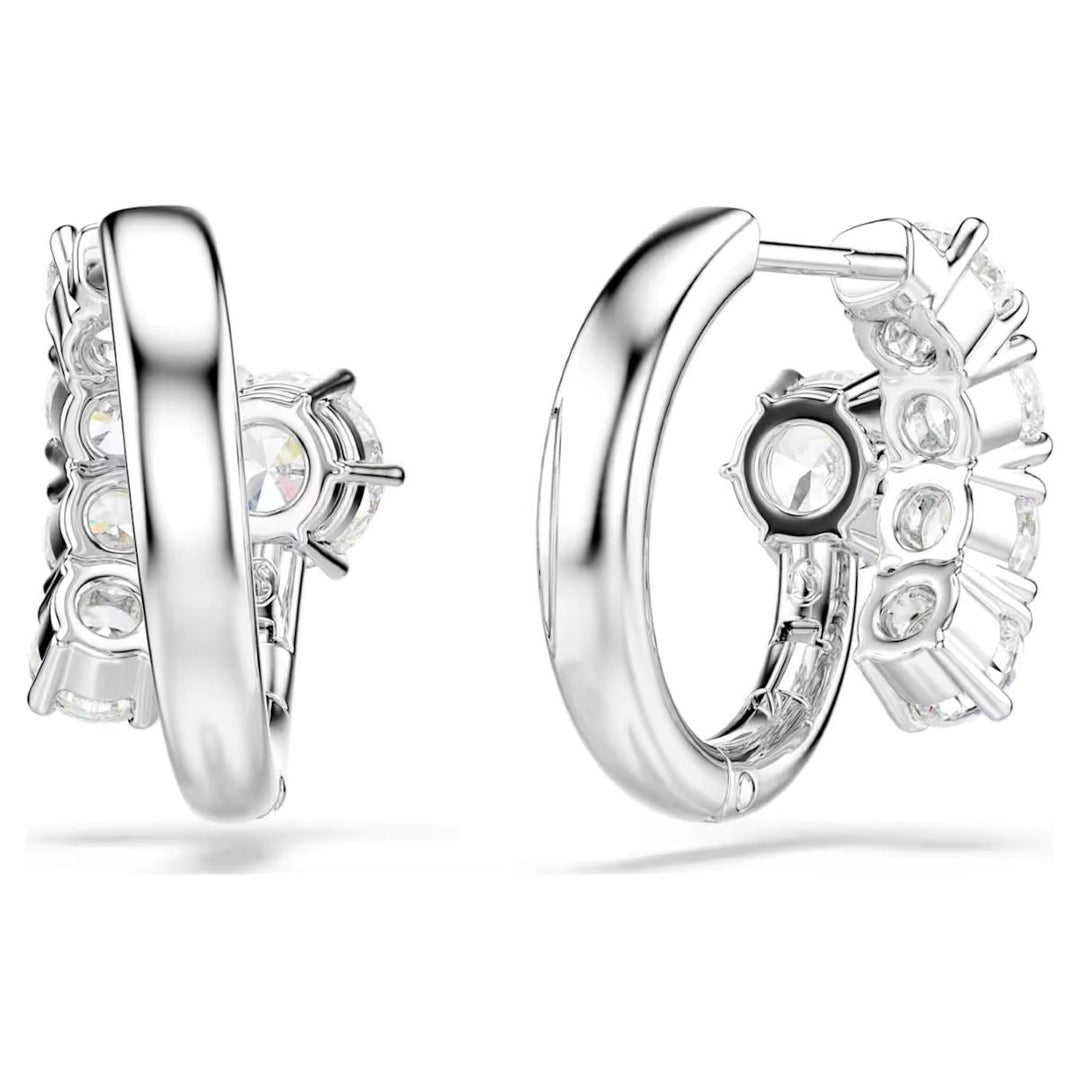 Niche Jewellery Swarovski Matrix hoop earrings featuring round-cut white crystals set in rhodium-plated metal.