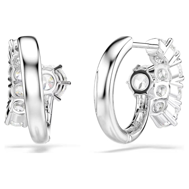 Niche Jewellery Swarovski Matrix hoop earrings featuring round-cut white crystals set in rhodium-plated metal.