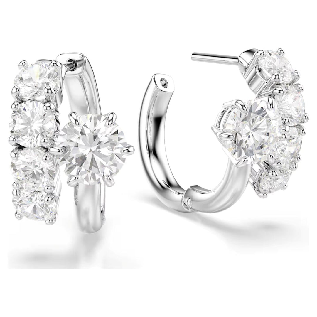 Niche Jewellery Swarovski Matrix hoop earrings featuring round-cut white crystals set in rhodium-plated metal.