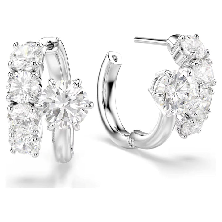 Niche Jewellery Swarovski Matrix hoop earrings featuring round-cut white crystals set in rhodium-plated metal.