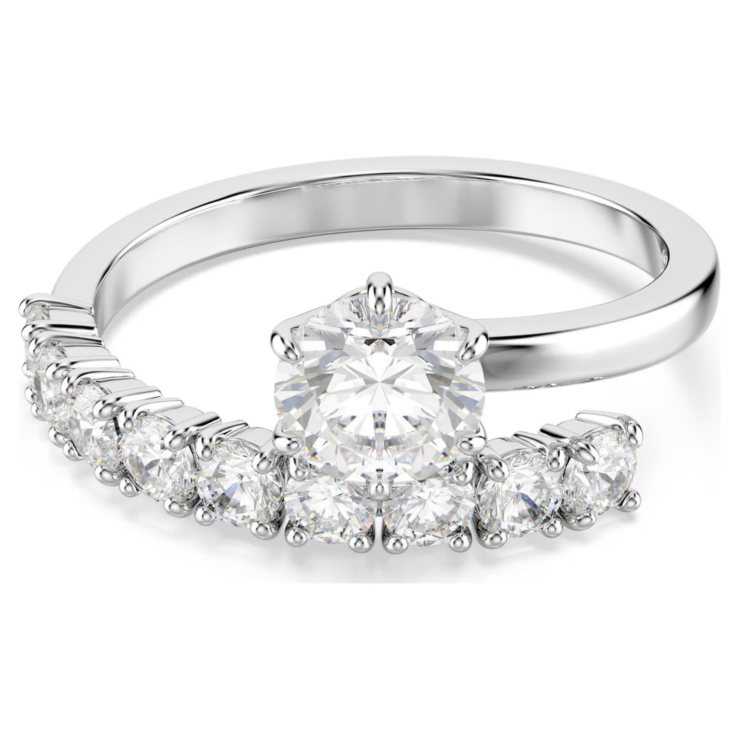 Niche Jewellery Swarovski Matrix open ring in rhodium-plated metal with round-cut white Swarovski Zirconia stones.