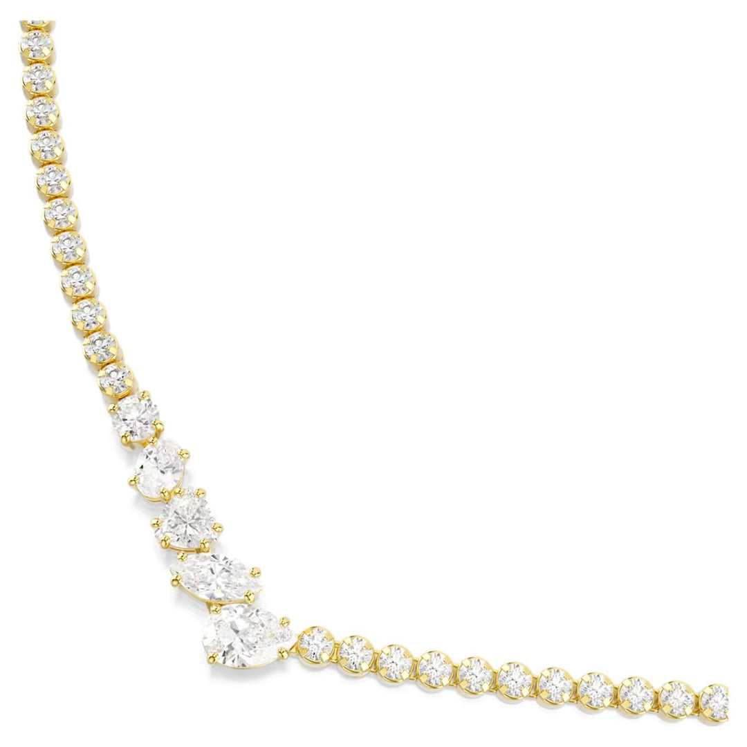 Niche Jewellery Swarovski Mesmera necklace featuring mixed cut white zirconia stones on an 18k gold finish cup chain.