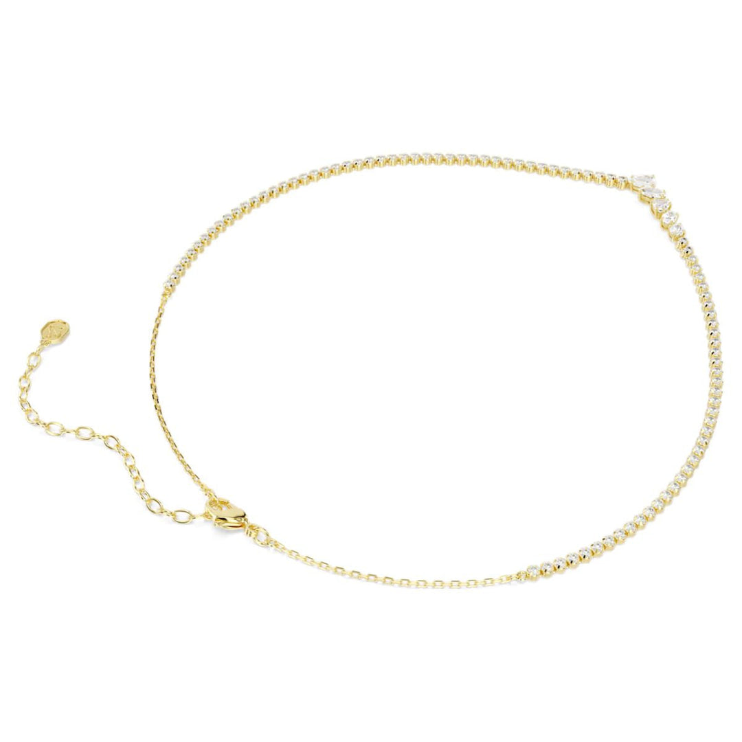 Niche Jewellery Swarovski Mesmera necklace featuring mixed cut white zirconia stones on an 18k gold finish cup chain.
