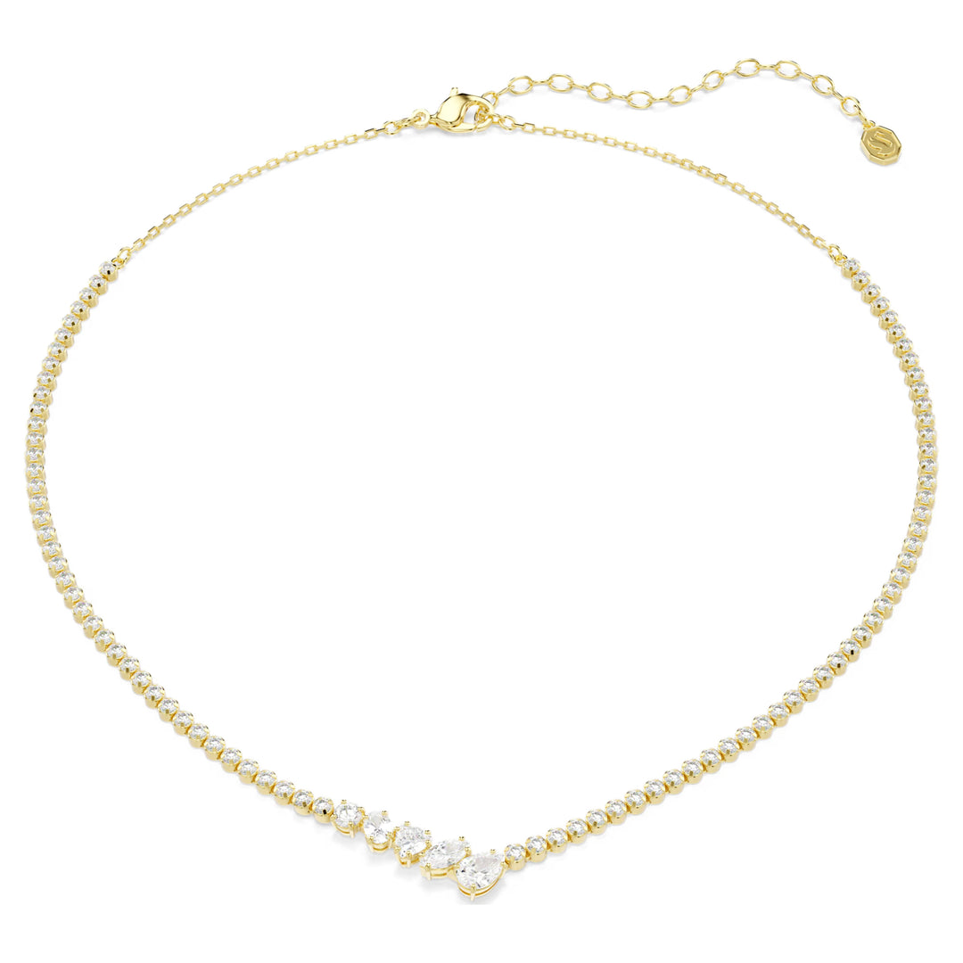 Niche Jewellery Swarovski Mesmera necklace featuring mixed cut white zirconia stones on an 18k gold finish cup chain.