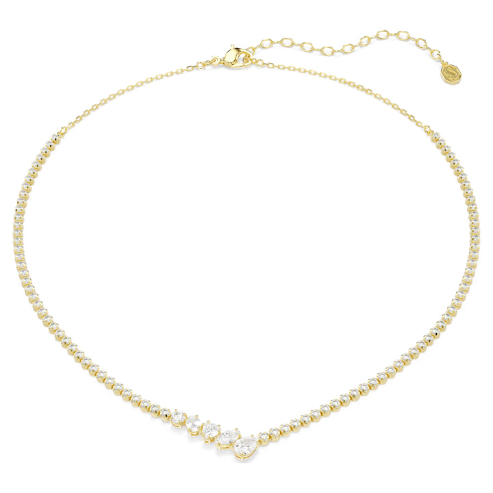 Niche Jewellery Swarovski Mesmera necklace featuring mixed cut white zirconia stones on an 18k gold finish cup chain.