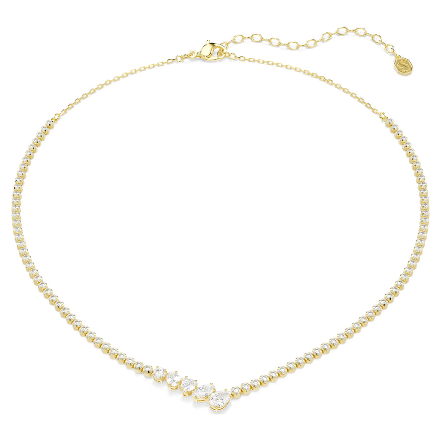 Niche Jewellery Swarovski Mesmera necklace featuring mixed cut white zirconia stones on an 18k gold finish cup chain.