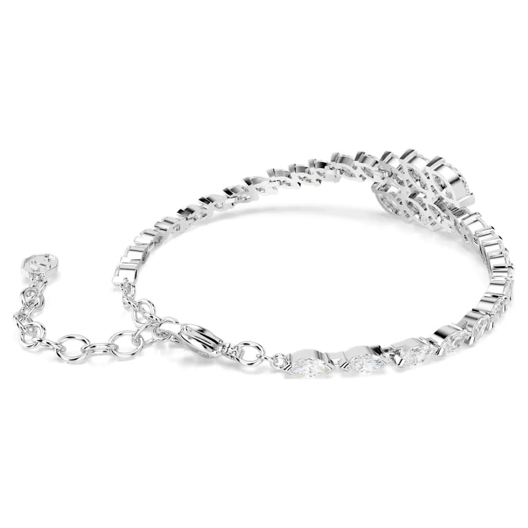 Niche Jewellery Swarovski Mesmera bracelet with marquise-cut white crystals and rhodium plating on a white background