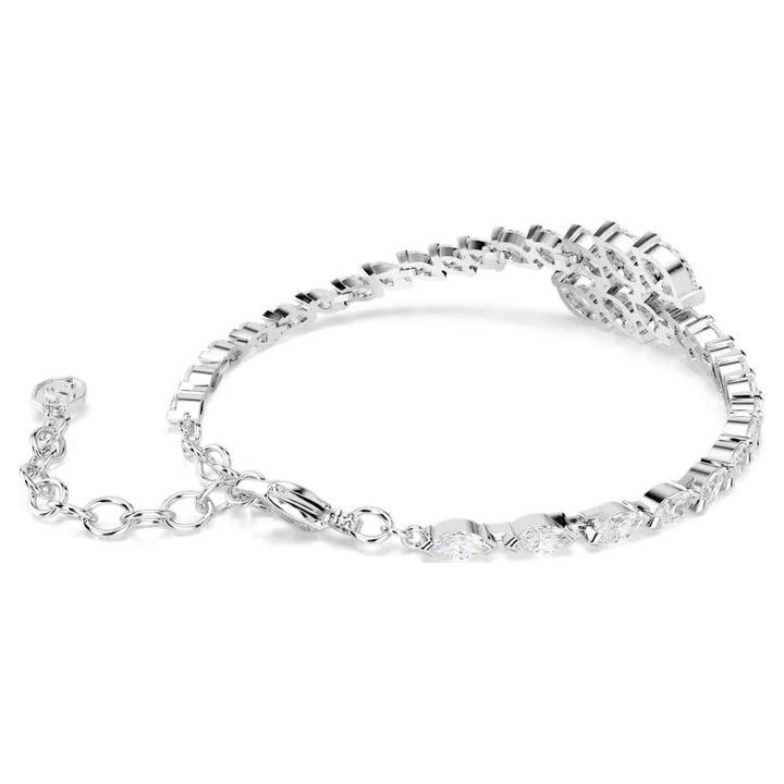 Niche Jewellery Swarovski Mesmera bracelet with marquise-cut white crystals and rhodium plating on a white background