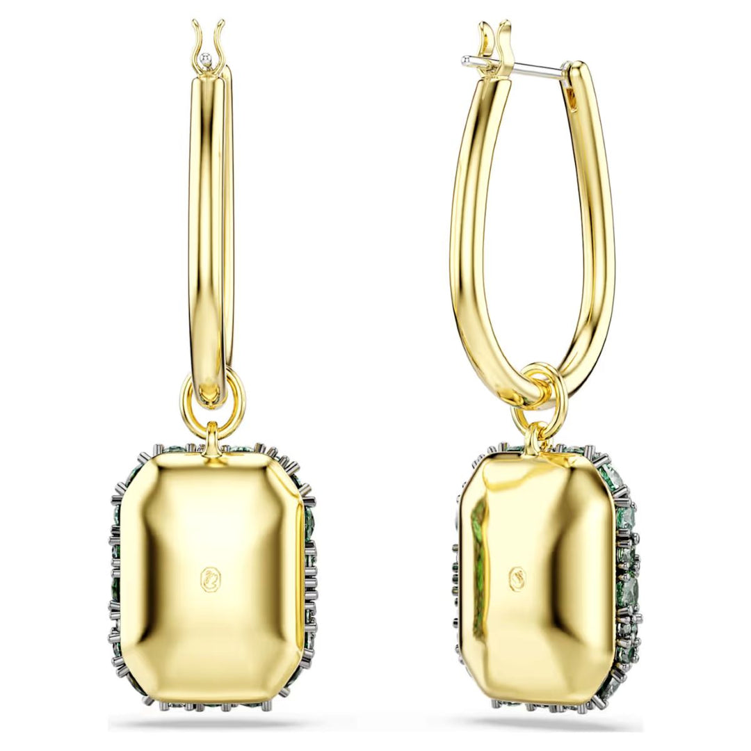 Niche Jewellery Swarovski Sublima drop earrings featuring octagon cut green crystals with an 18K gold finish.