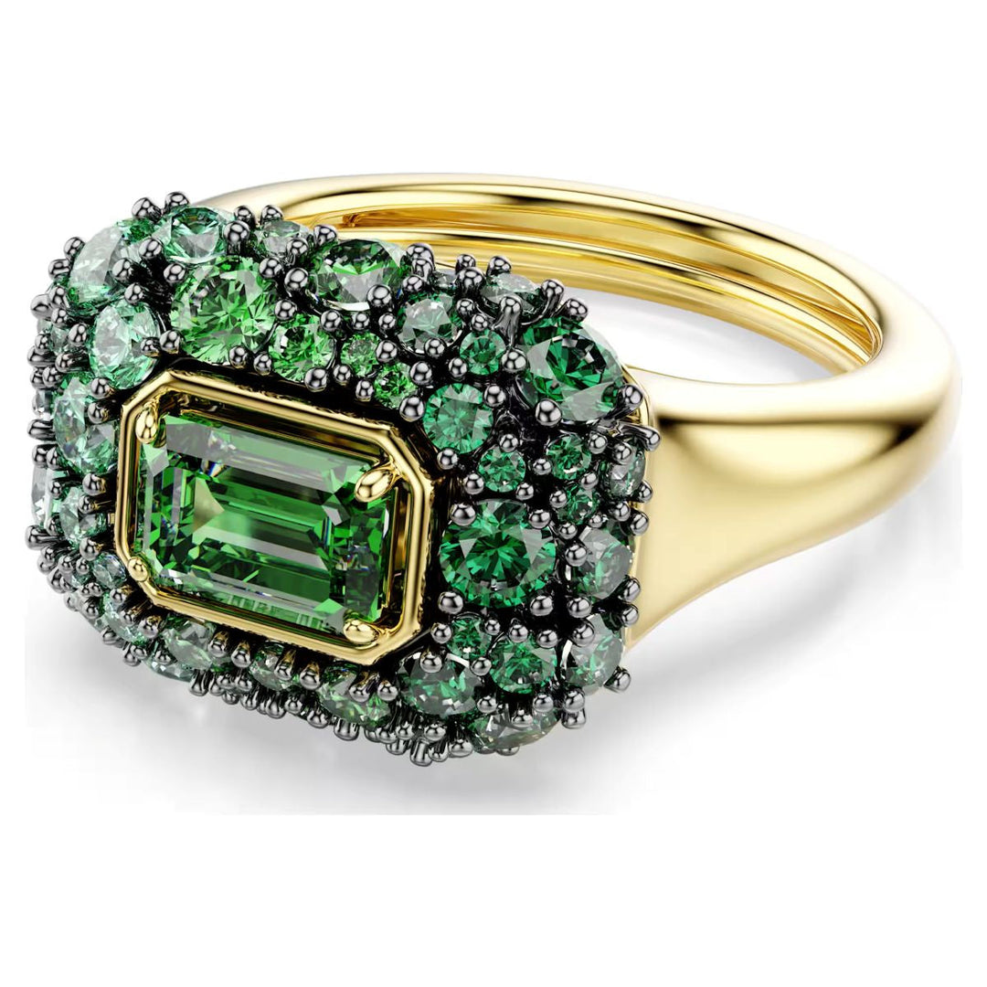 Niche Jewellery Swarovski Sublima cocktail ring featuring a green octagon crystal with gold finish and green pavé.