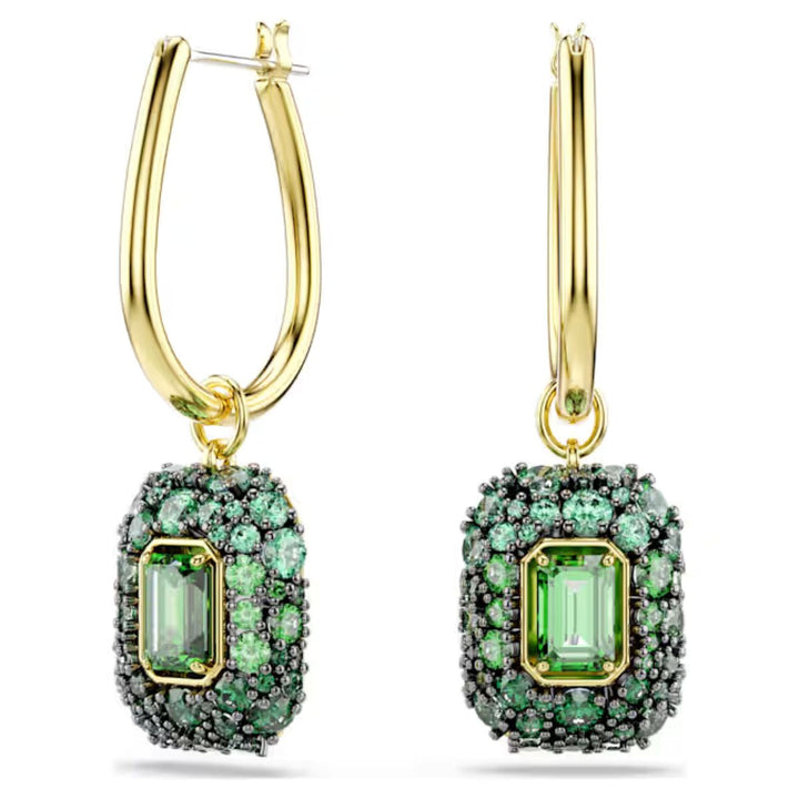 Niche Jewellery Swarovski Sublima drop earrings featuring octagon-cut green zirconia and 18K gold finish.