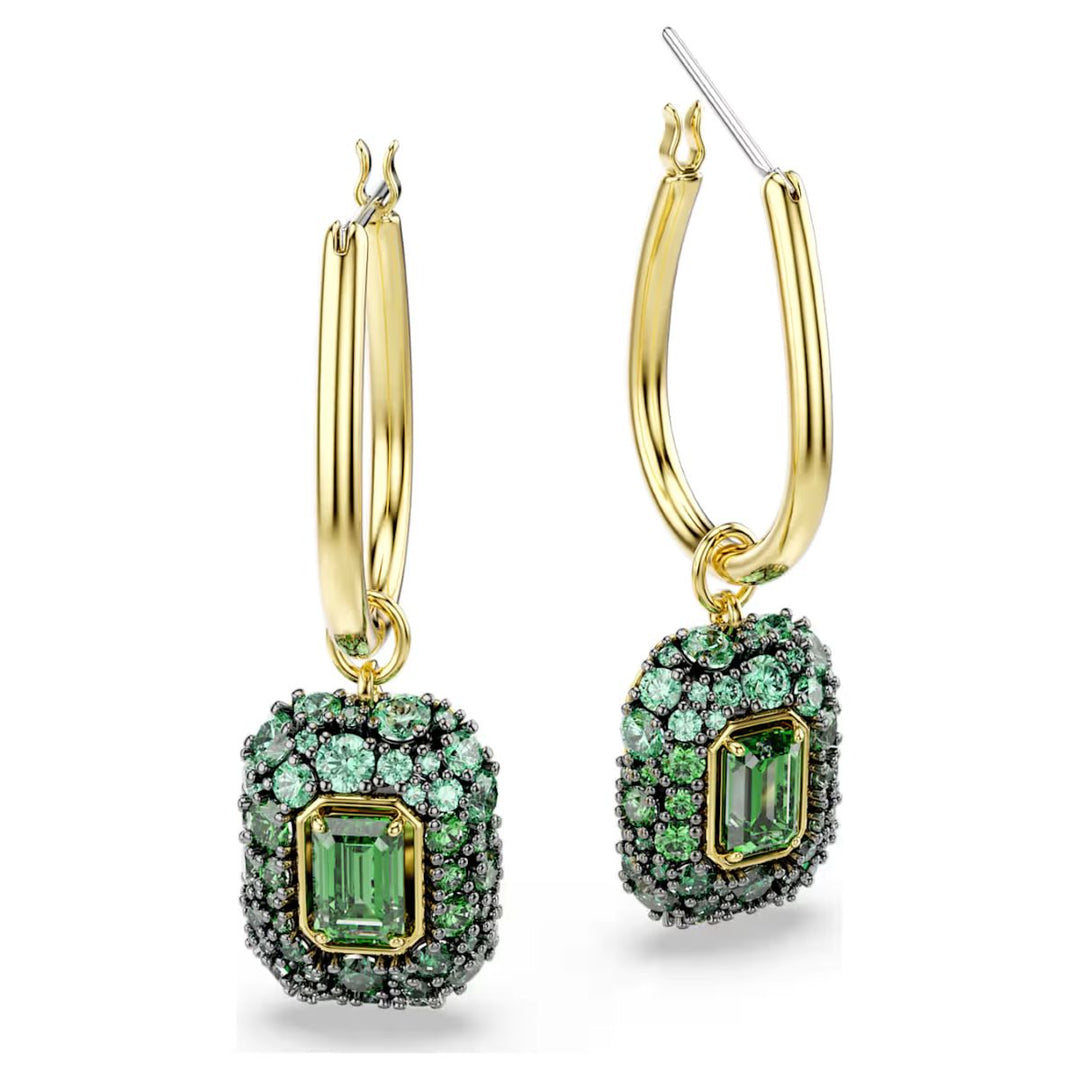 Niche Jewellery Swarovski Sublima drop earrings featuring octagon cut green crystals and 18K gold finish hoops.