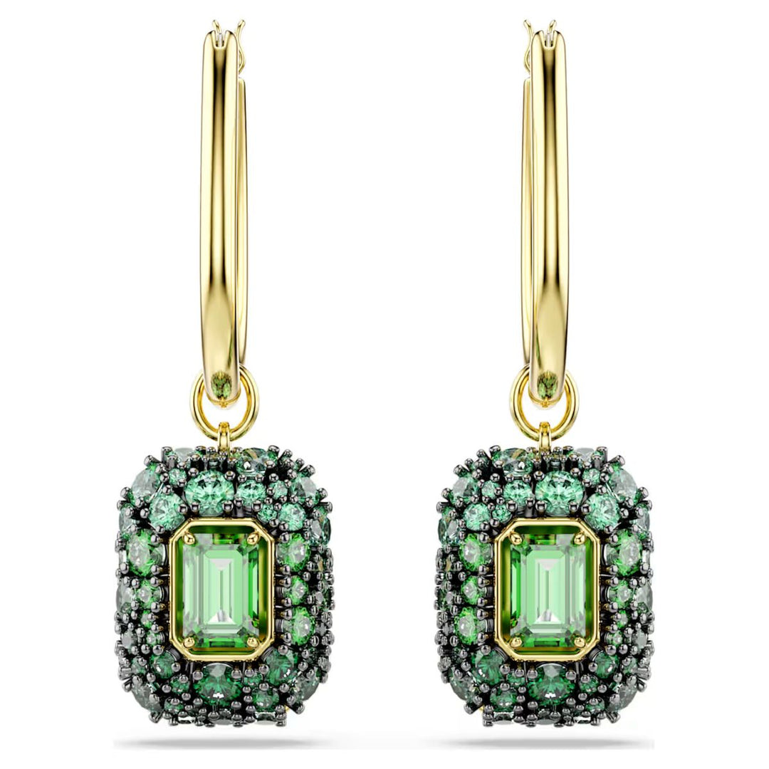 Niche Jewellery Swarovski Sublima drop earrings featuring octagon cut green crystals and 18K gold finish hoops.
