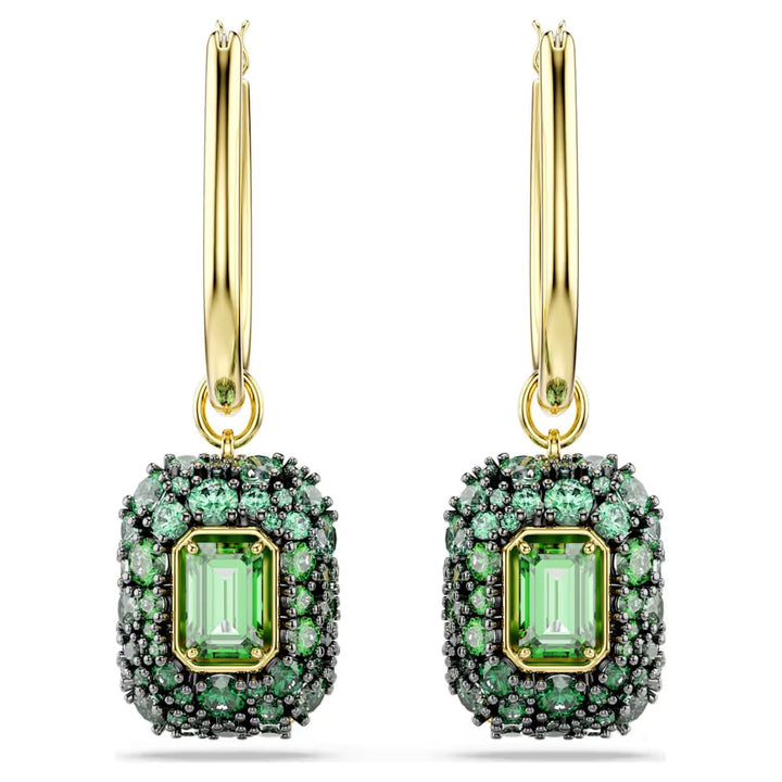 Niche Jewellery Swarovski Sublima drop earrings featuring octagon cut green crystals and 18K gold finish hoops.