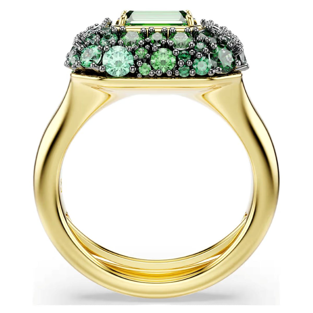 Niche Jewellery Swarovski Sublima cocktail ring featuring a green octagon crystal and gold-finished band