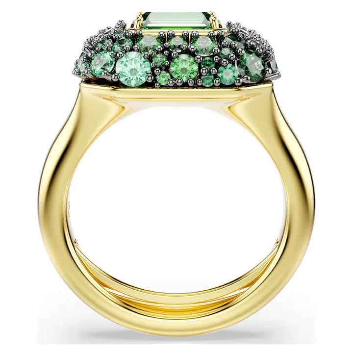 Niche Jewellery Swarovski Sublima cocktail ring featuring a green octagon crystal and gold-finished band