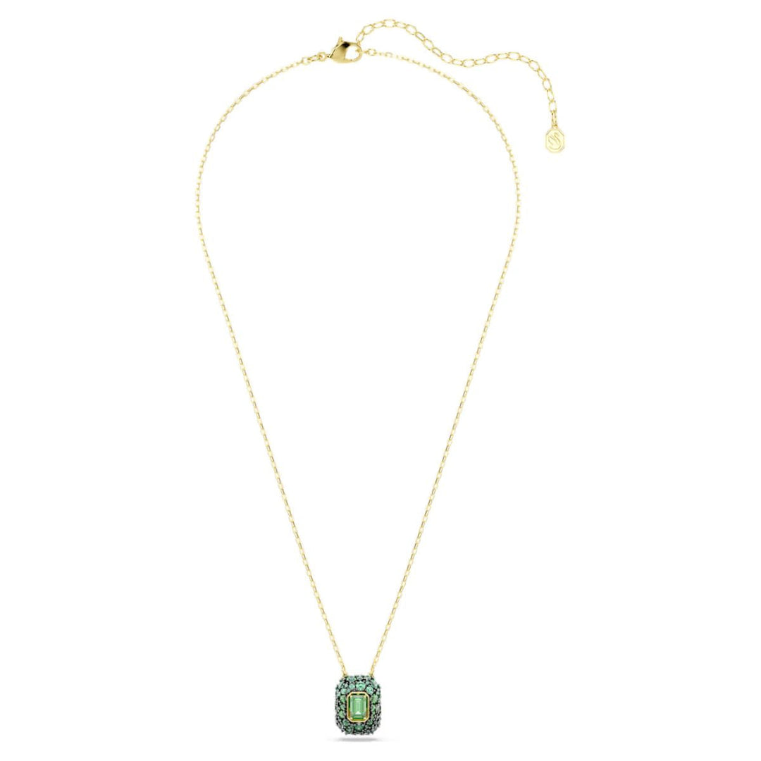 Niche Jewellery Swarovski Sublima pendant featuring an octagon-cut green crystal with 18K gold finish on a fine chain.