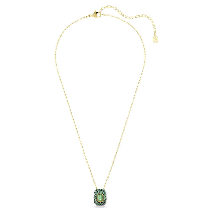 Niche Jewellery Swarovski Sublima pendant featuring an octagon-cut green crystal with 18K gold finish on a fine chain.