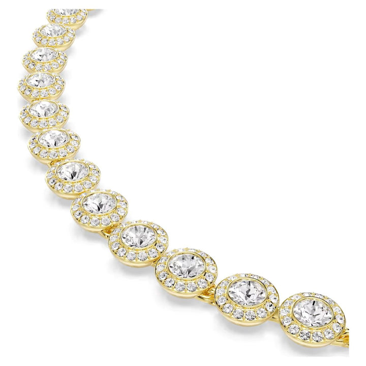 Niche Jewellery Swarovski Una Angelic gold-tone necklace featuring a row of sparkling white crystal halo settings.