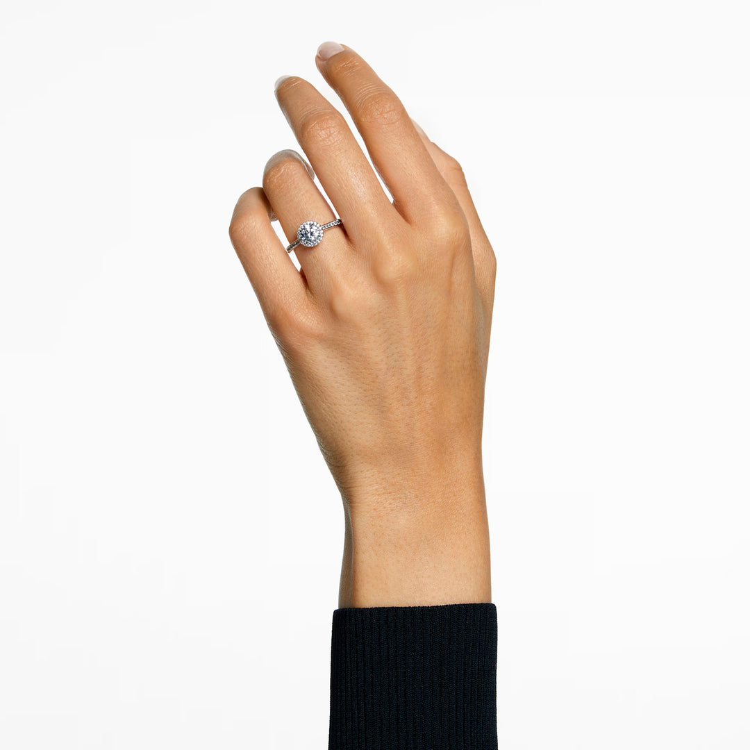 Niche Jewellery Swarovski Una Angelic ring with a round-cut clear crystal and pavé halo on a silver-tone band