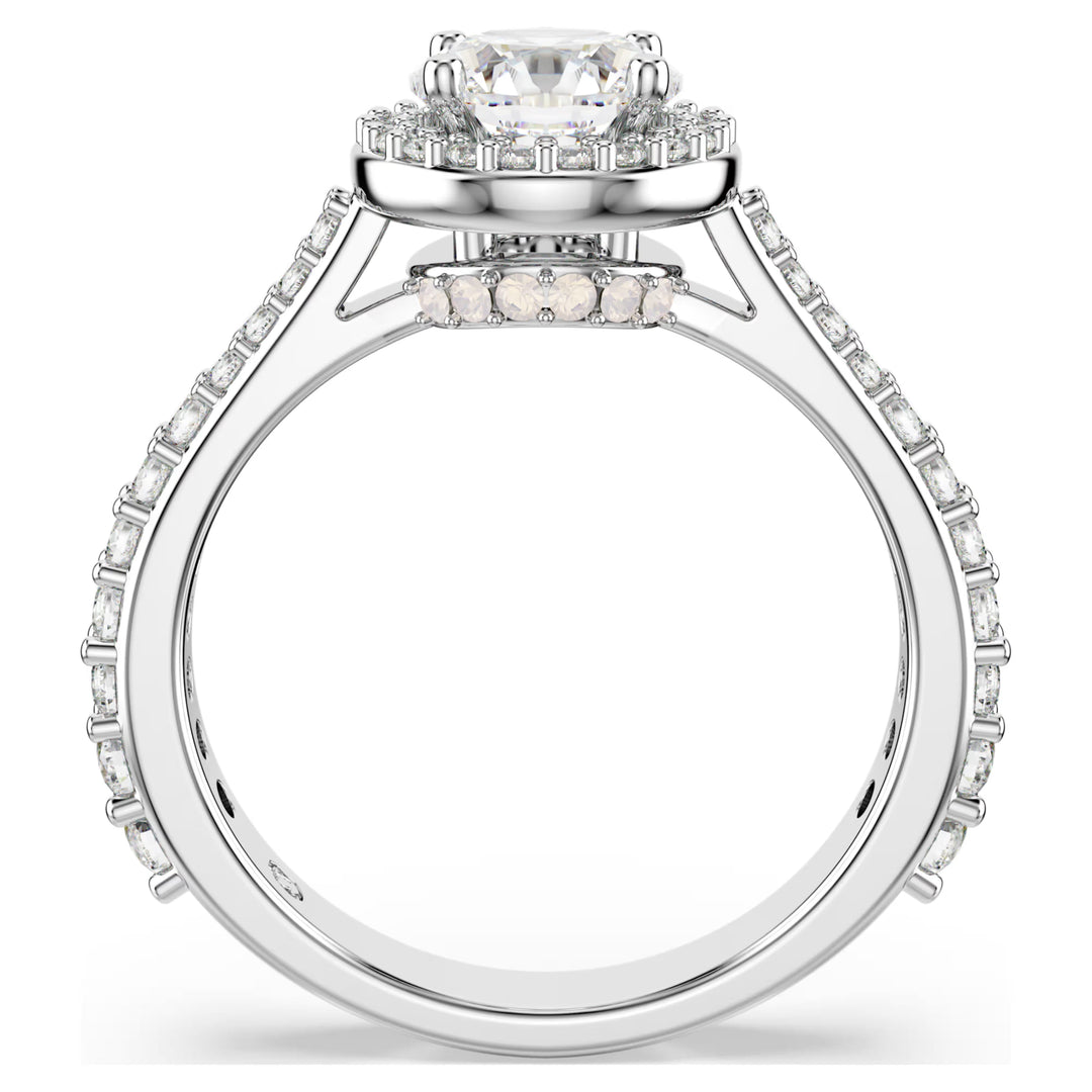 Niche Jewellery Swarovski Una Angelic ring with a round-cut clear crystal, halo pavé setting, and silver-tone band.