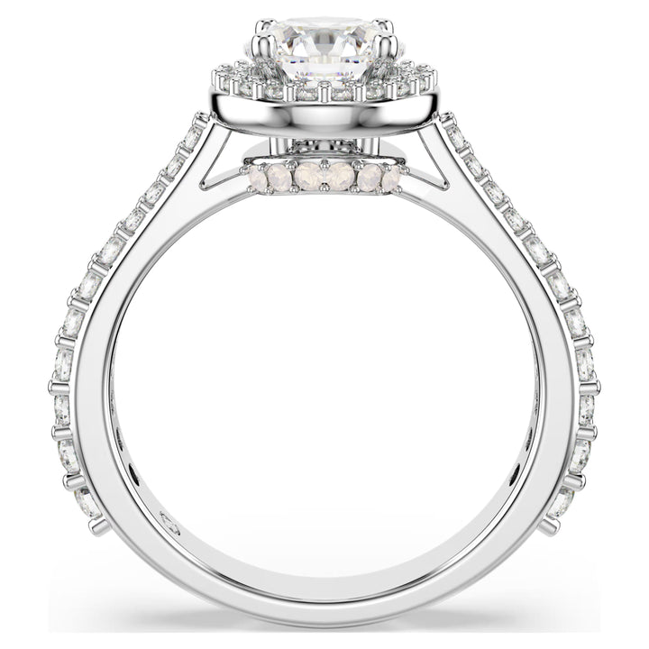 Niche Jewellery Swarovski Una Angelic ring with a round-cut clear crystal, halo pavé setting, and silver-tone band.