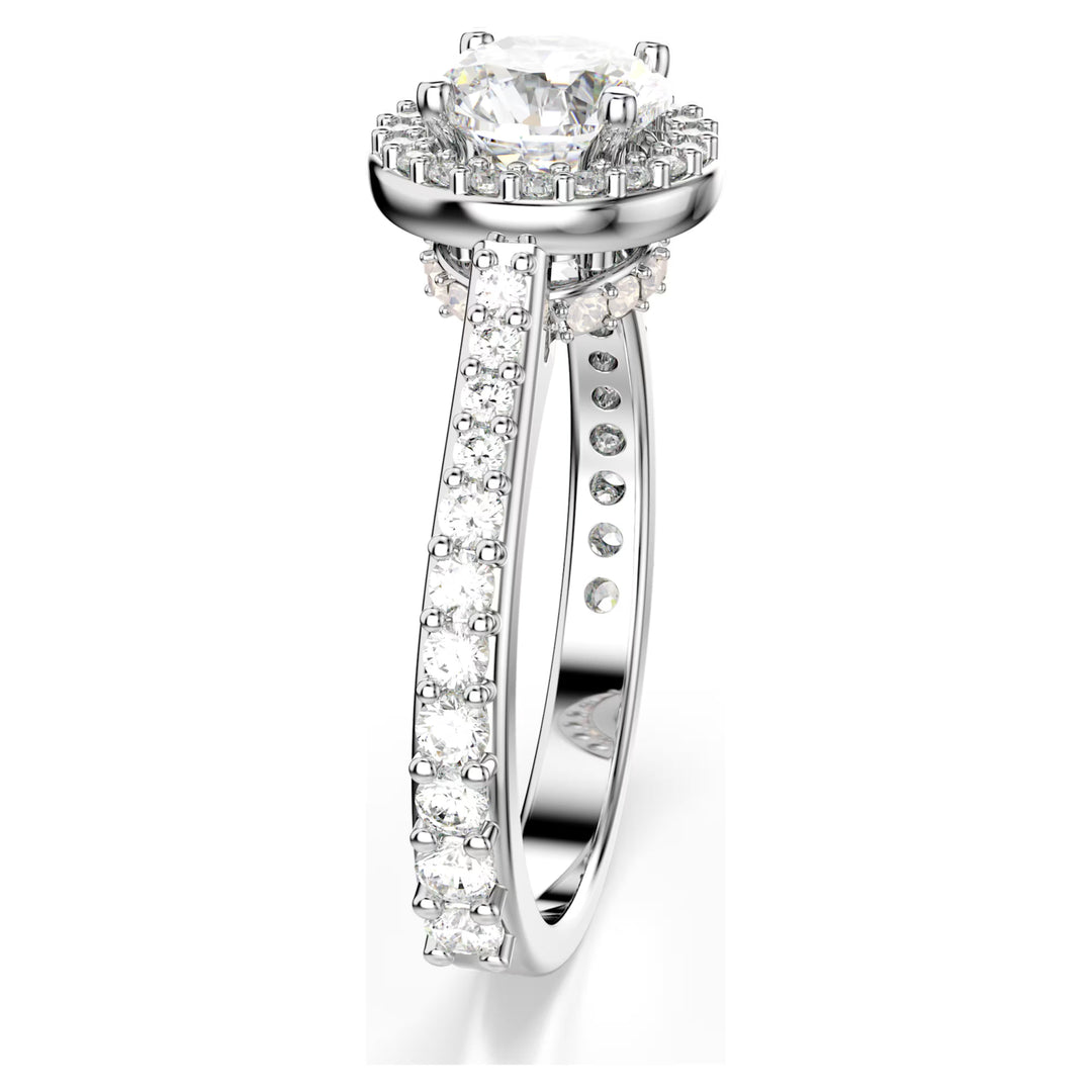 Niche Jewellery Swarovski Una Angelic ring featuring a round-cut clear crystal with a pavé halo on a silver-tone band