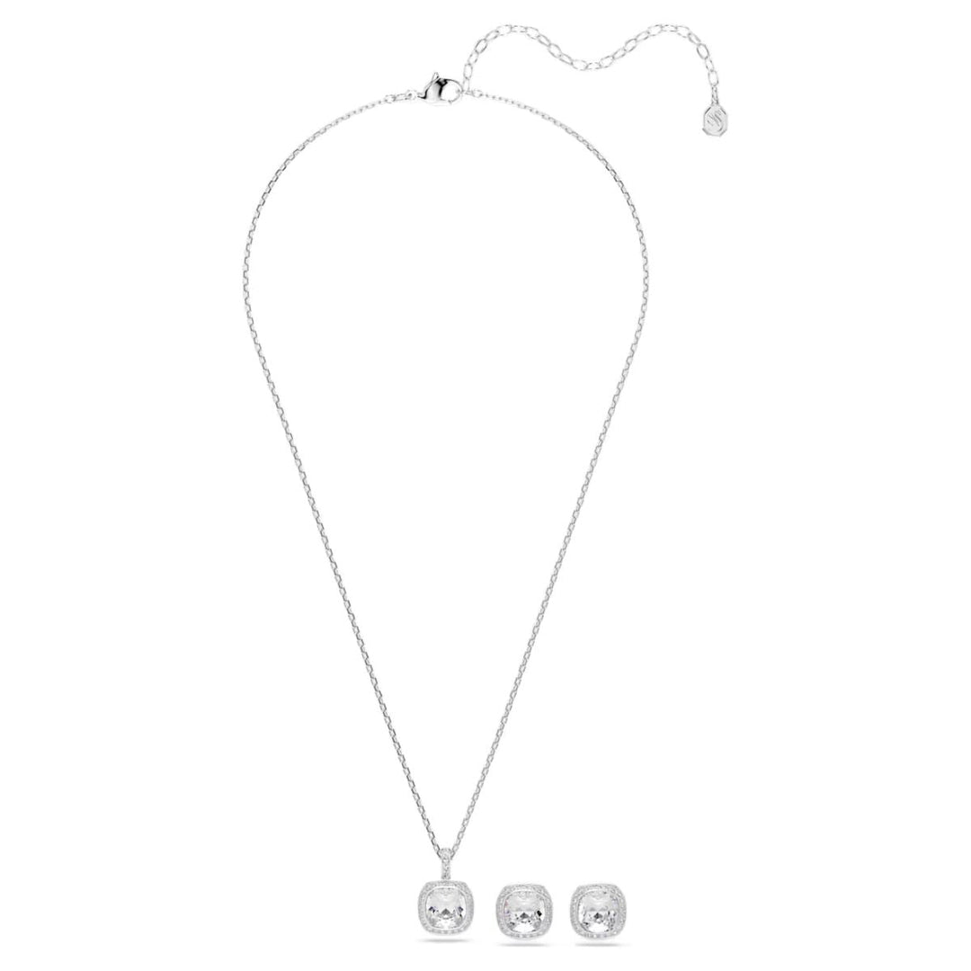 Niche Jewellery Swarovski Una Angelic set featuring a cushion-cut pendant and earrings with white crystals and rhodium