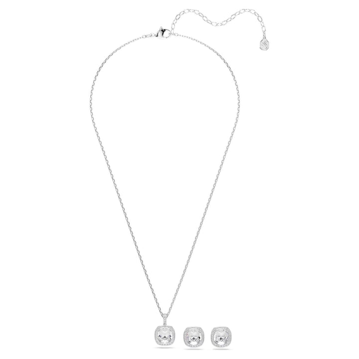 Niche Jewellery Swarovski Una Angelic set featuring a cushion-cut pendant and earrings with white crystals and rhodium