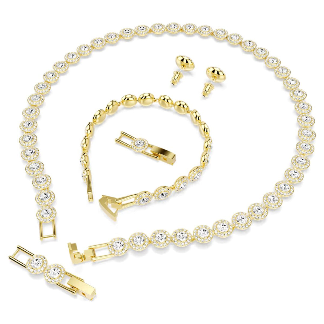Niche Jewellery Swarovski Una Angelic set featuring a gold-tone necklace, bracelet, and stud earrings with white crystals