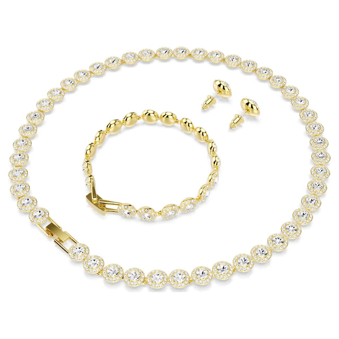Niche Jewellery Swarovski Una Angelic set featuring a gold-tone necklace, bracelet, and stud earrings with crystals.