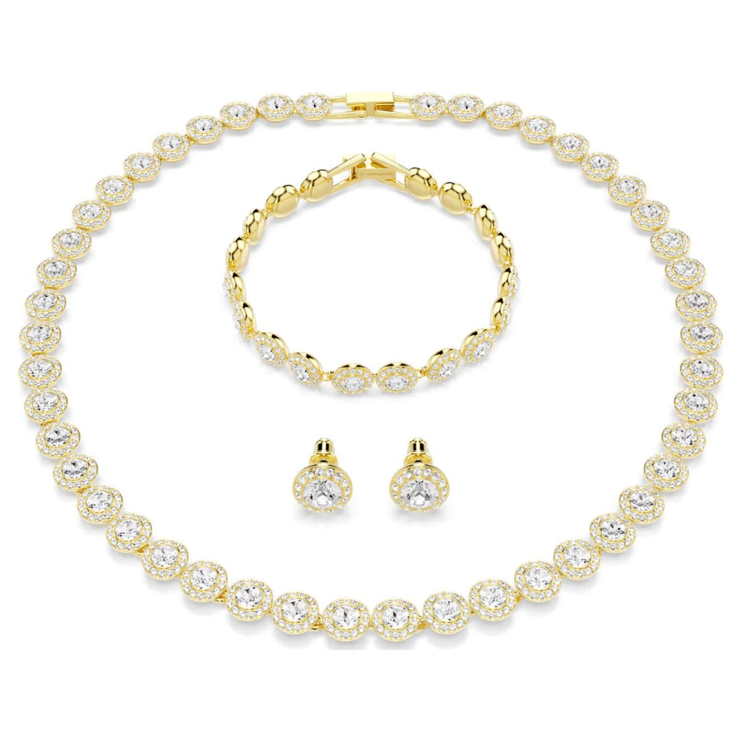 Niche Jewellery Swarovski Una Angelic set featuring a gold-tone necklace, bracelet, and stud earrings with white crystals