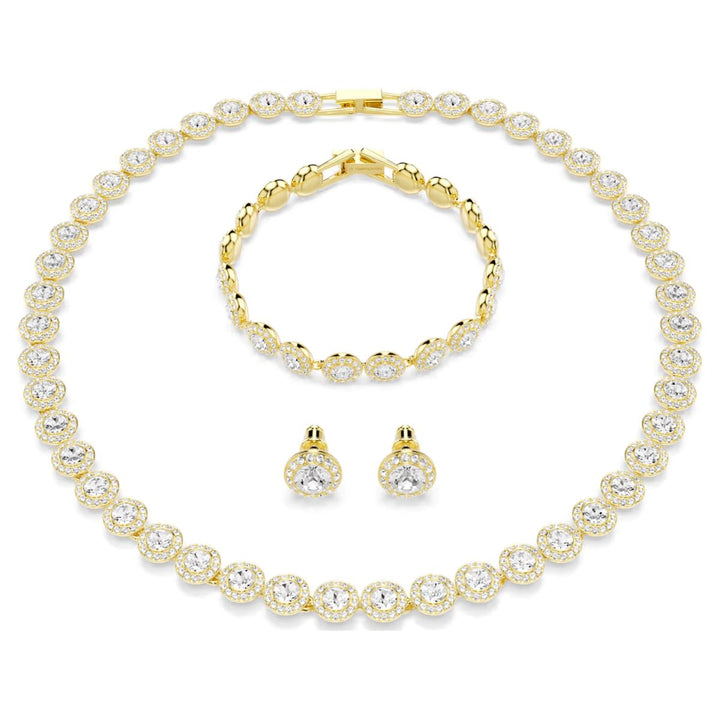 Niche Jewellery Swarovski Una Angelic set featuring a gold-tone necklace, bracelet, and stud earrings with white crystals