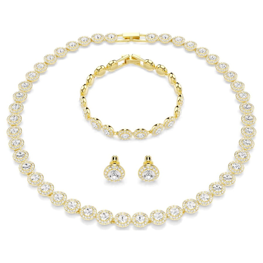 Niche Jewellery Swarovski Una Angelic set featuring a gold-tone necklace, bracelet, and stud earrings with white crystals