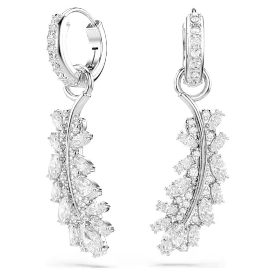 Niche Jewellery Swarovski Vienna feather earrings in rhodium plating with white mixed-cut crystals on hoop closures.
