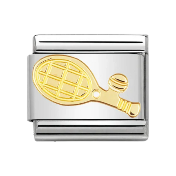Niche Jewellery sterling silver charm with 18k gold plated tennis racket and ball detail.