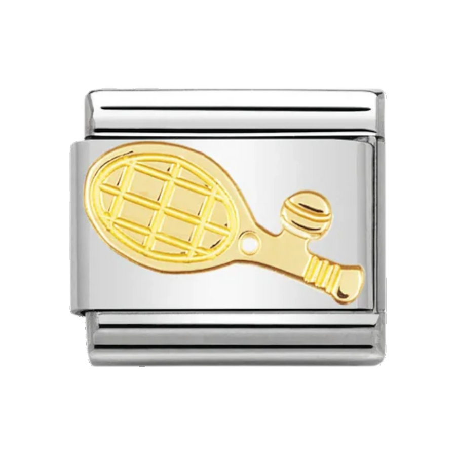 Niche Jewellery sterling silver charm with 18k gold plated tennis racket and ball detail.