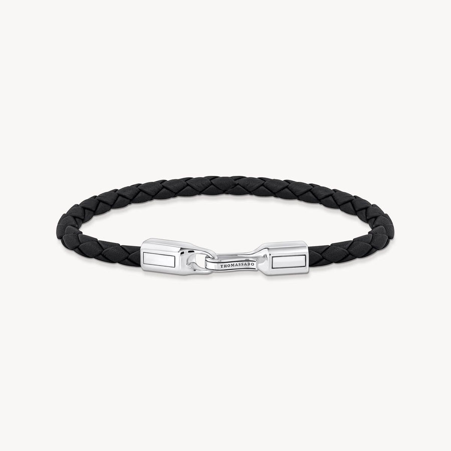 Niche Jewellery Thomas Sabo 5mm braided black leather bracelet with a recycled blackened silver clasp.
