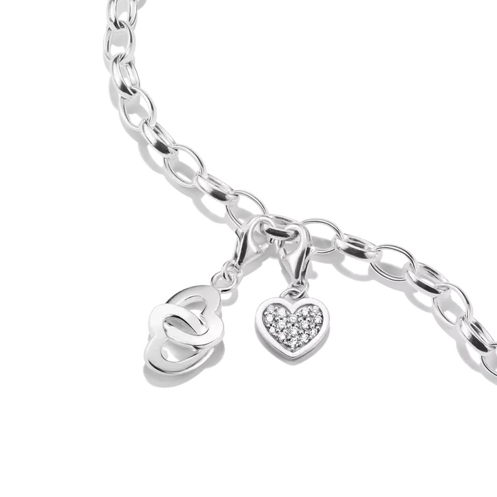 Niche Jewellery Thomas Sabo sterling silver interlocking hearts and crystal heart charms on a silver bracelet